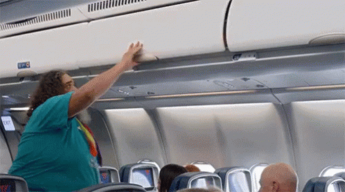 A Woman Is Reaching For Something In The Overhead Luggage Compartment On An Airplane . GIF