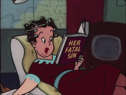 a woman is reading a book titled her fatal sin