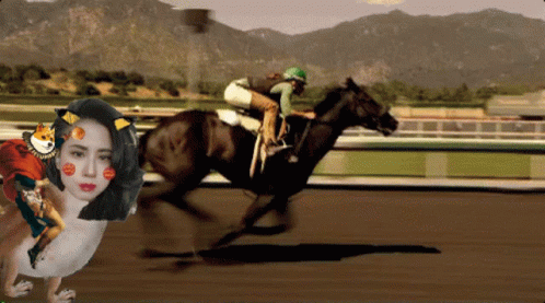 A Woman Is Riding A Horse On A Track With Mountains In The Background GIF
