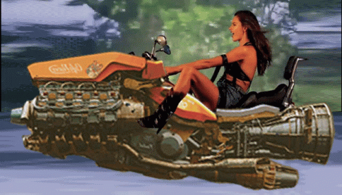A Woman Is Riding A Motorcycle That Has The Word Gmd On The Front GIF