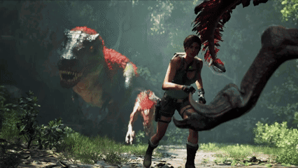 A Woman Is Running Away From A Large Dinosaur GIF