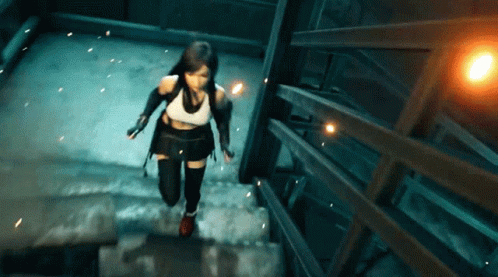 A Woman Is Running Down A Set Of Stairs In A Video Game GIF