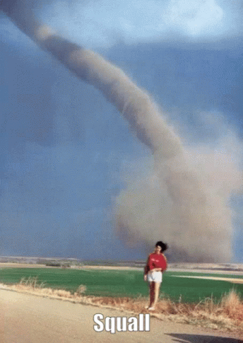 A Woman Is Running In Front Of A Tornado With Squall Written Below Her GIF