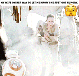 A Woman Is Running With A Bb-8 In The Background And A Caption That Says My Wife On Her Way GIF