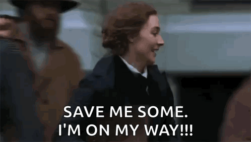 A Woman Is Saying `` Save Me Some , I 'M On My Way '' While Walking In A Crowd . GIF