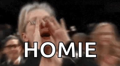 A Woman Is Screaming In A Crowd And The Word Homie Is Visible . GIF