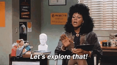 A Woman Is Sitting At A Desk Holding A Clipboard And Saying `` Let 'S Explore That ! `` GIF