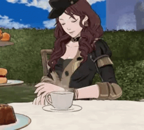 A Woman Is Sitting At A Table Holding A Cup Of Coffee . GIF