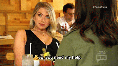 A Woman Is Sitting At A Table Talking To Another Woman And Saying So You Need My Help . GIF