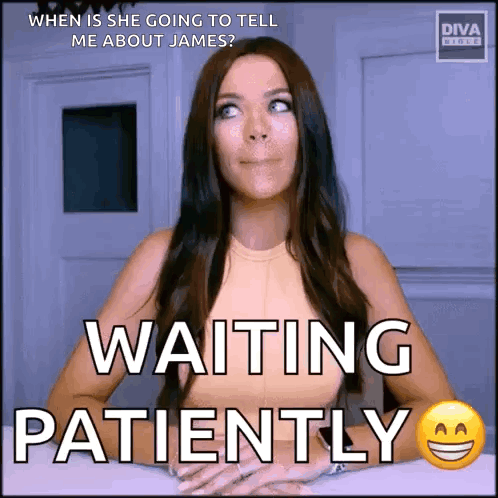 A Woman Is Sitting At A Table Waiting Patiently For Someone To Tell Her About James . GIF