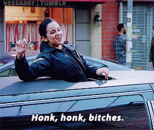 A Woman Is Sitting In A Car With Honk Honk Bitches Written On The Side GIF