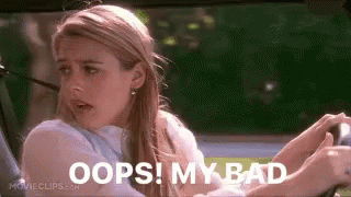 A Woman Is Sitting In A Car With The Words `` Oops ! My Bad '' On The Screen . GIF