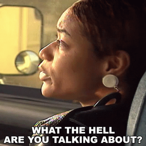 A Woman Is Sitting In A Car With The Words " What The Hell Are You Talking About " Above Her GIF
