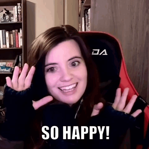 A Woman Is Sitting In A Chair With Her Arms Outstretched And The Words So Happy Written Below Her . GIF