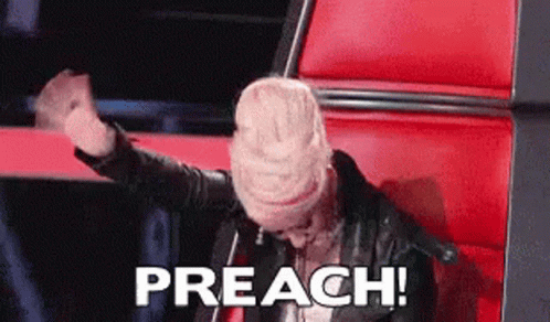 A Woman Is Sitting In A Chair With Her Fist In The Air And The Words Preach Written On The Screen Behind Her . GIF