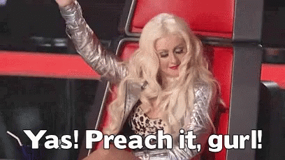A Woman Is Sitting In A Chair With Her Hand In The Air And The Words `` Yas ! Preach It , Gurl '' . GIF