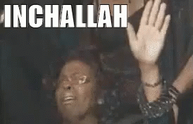 A Woman Is Sitting In A Chair With Her Hands In The Air And The Words Inchallah Written Above Her Head . GIF