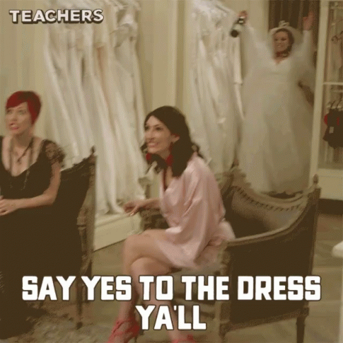 A Woman Is Sitting In A Chair With The Words Say Yes To The Dress Y'all GIF
