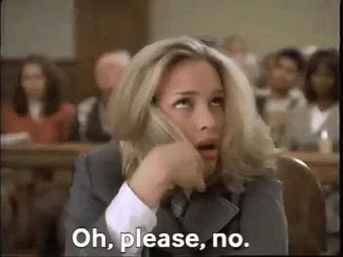 A Woman Is Sitting In A Courtroom Talking On A Cell Phone And Says `` Oh , Please , No . '' GIF