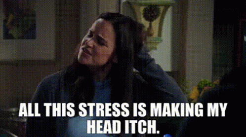 a woman is sitting in a kitchen talking to a man and says `` all this stress is making my head itch . ``
