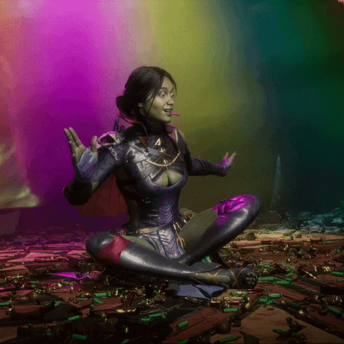 A Woman Is Sitting In A Lotus Position In Front Of A Pile Of Bullets GIF