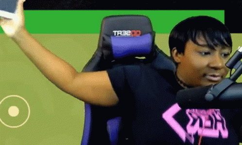 A Woman Is Sitting In A Purple Chair With The Word Tr3b On It GIF