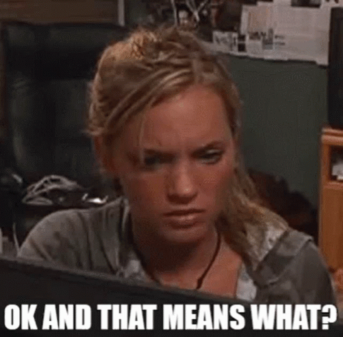 A Woman Is Sitting In Front Of A Computer Screen With The Words `` Ok And That Means What '' Written Below Her . GIF