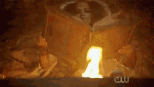 A Woman Is Sitting In Front Of A Fire Holding A Book . GIF