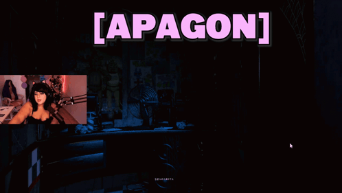 a woman is sitting in front of a microphone in a dark room with the words [ apagon ] above her