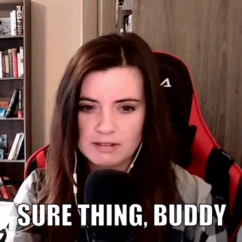 A Woman Is Sitting In Front Of A Microphone With The Words Sure Thing Buddy Written Below Her GIF