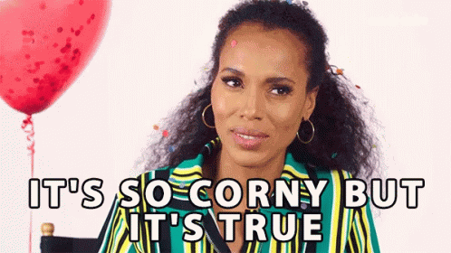 A Woman Is Sitting In Front Of A Red Balloon With The Words `` It 'S So Corny But It 'S True '' GIF