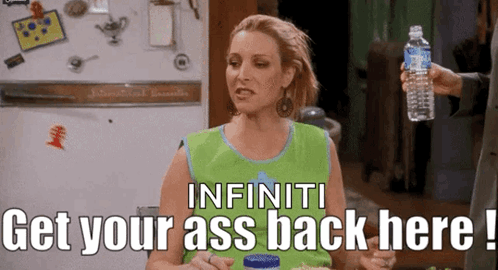 A Woman Is Sitting In Front Of A Refrigerator Holding A Water Bottle And Saying Infiniti Get Your Ass Back Here ! GIF