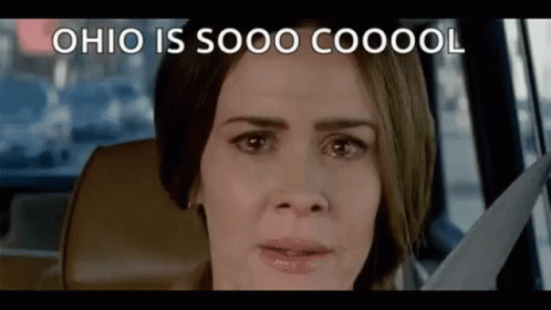 A Woman Is Sitting In The Back Seat Of A Car With The Words Ohio Is Sooo Coool Written On The Screen . GIF