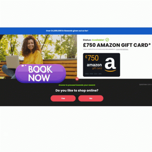 A Woman Is Sitting On A Bench With A Laptop And A 750 Amazon Gift Card GIF
