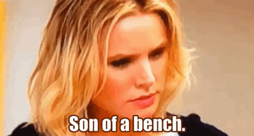A Woman Is Sitting On A Bench With The Words Son Of A Bench Written On Her Face . GIF