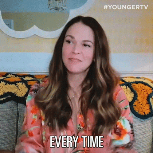 A Woman Is Sitting On A Couch And Saying " Every Time " GIF