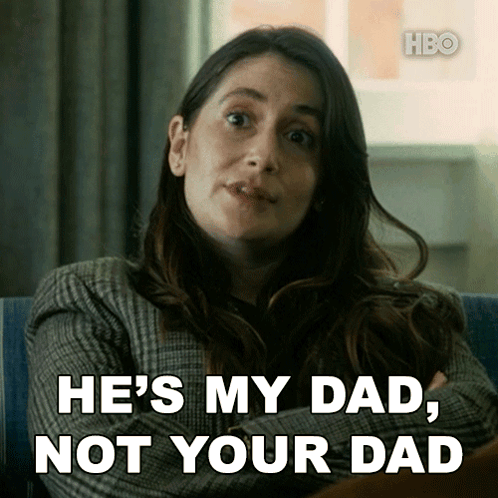 A Woman Is Sitting On A Couch And Says He 'S My Dad , Not Your Dad GIF