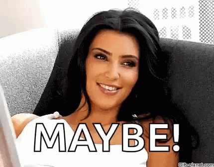 A Woman Is Sitting On A Couch And Smiling With The Words `` Maybe '' Written On Her Face . GIF