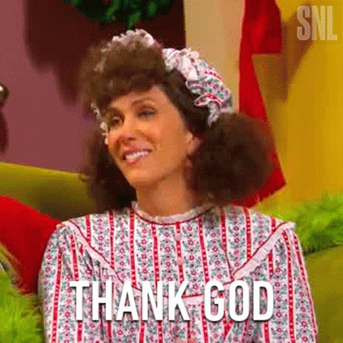A Woman Is Sitting On A Couch And Smiling With The Words `` Thank God '' Written Above Her . GIF