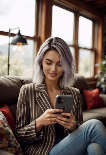 A Woman Is Sitting On A Couch Looking At Her Cell Phone GIF