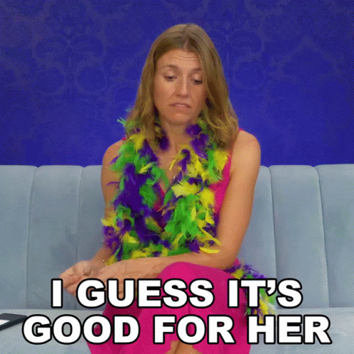 A Woman Is Sitting On A Couch With A Feather Boa Around Her Neck And The Words I Guess It 'S Good For Her GIF