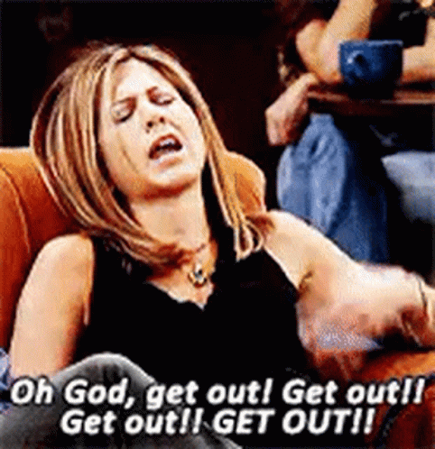 A Woman Is Sitting On A Couch With Her Eyes Closed And Says Oh God Get Out Get Out Get Out Get Out GIF