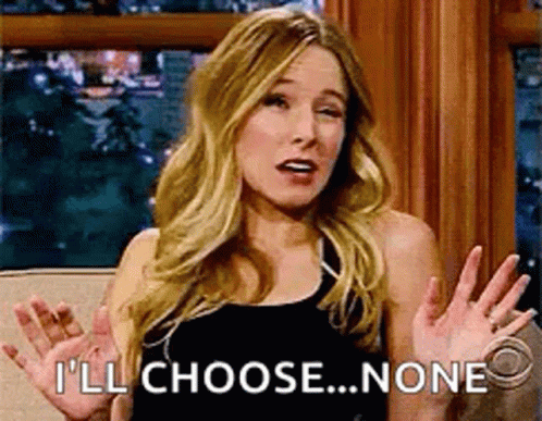 A Woman Is Sitting On A Couch With Her Hands Outstretched And Says `` I 'Ll Choose ... None '' GIF