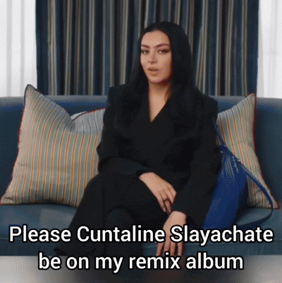 a woman is sitting on a couch with the words please cuntaline slayachete be on my remix album