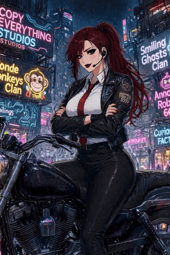 A Woman Is Sitting On A Motorcycle In Front Of Neon Signs That Say Copy Everything Studios And Smiling Ghosts Clan GIF