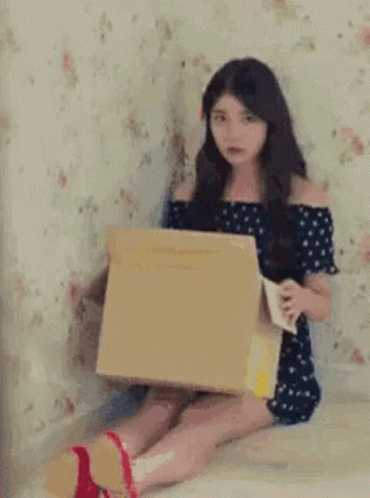 A Woman Is Sitting On The Floor Holding A Cardboard Box And A Bag . GIF