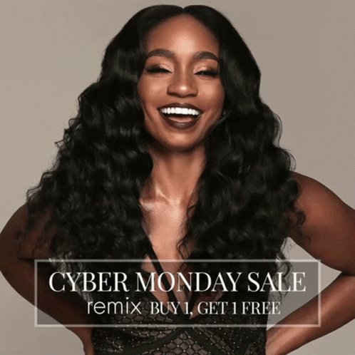 A Woman Is Smiling In Front Of A Cyber Monday Sale Advertisement GIF
