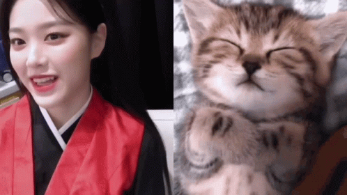 A Woman Is Smiling Next To A Picture Of A Kitten GIF
