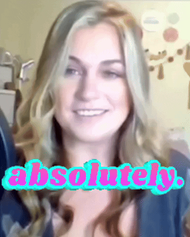 A Woman Is Smiling With The Word Absolutely Above Her Head GIF