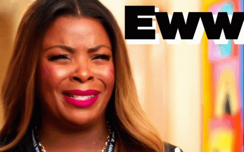 A Woman Is Smiling With The Word Eww Above Her GIF